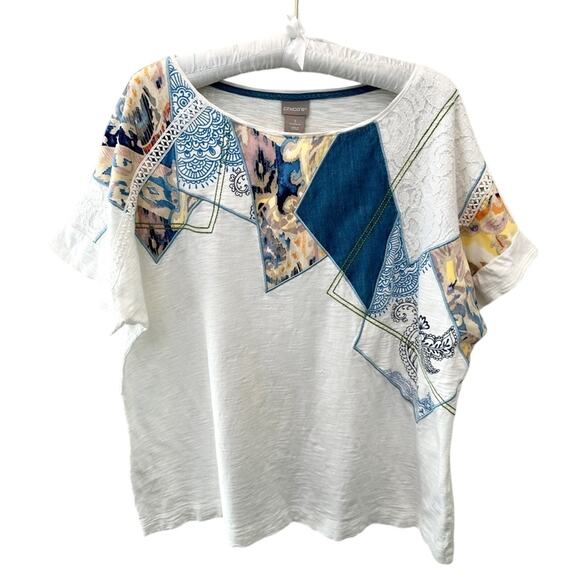 CHICO’S | White Boho Patchwork Short Sleeve Top | Size 3 XL - Picture 1 of 8